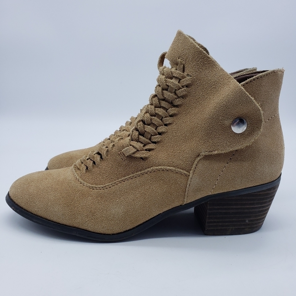 Plume by FarylRobin women US 9 DORAN tan suede ankle booties side snap woven - Picture 8 of 15